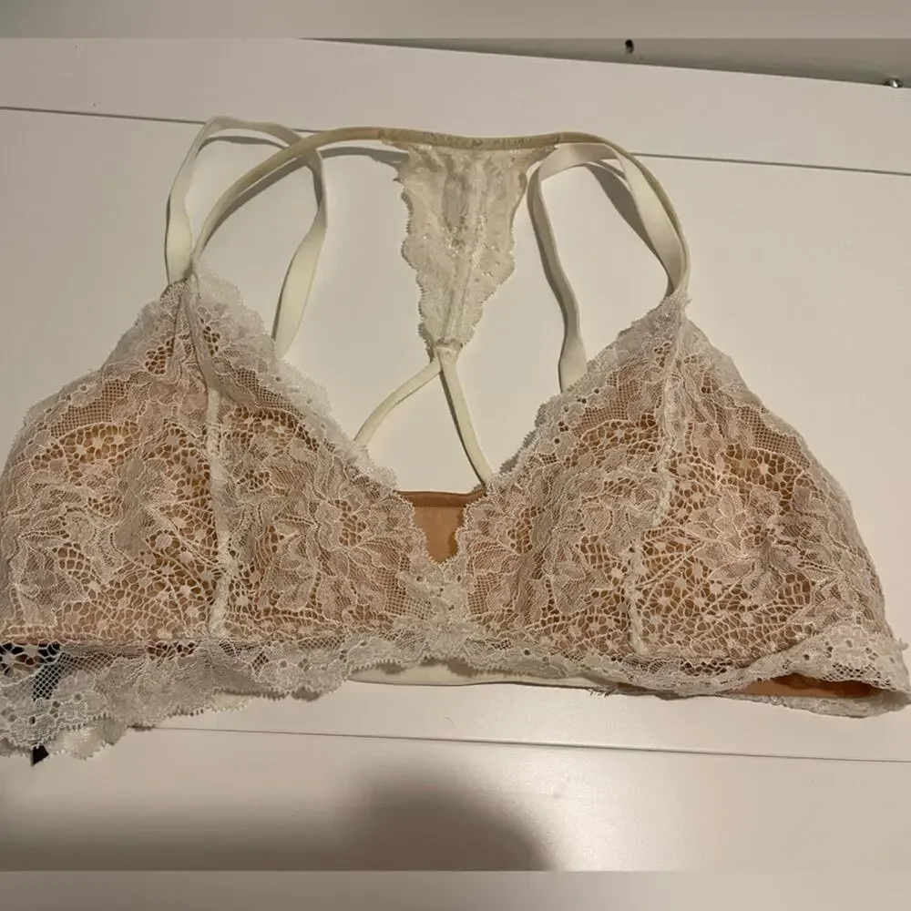 Soma Brand Tell Tale Wireless Bralette Tan & White Lace Size Medium